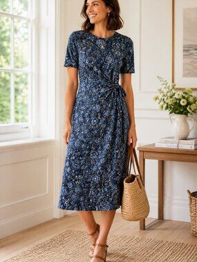 Boden Faux Wrap Jersey Midi Dress 8 Blue Floral Paisley Side Tie Modal